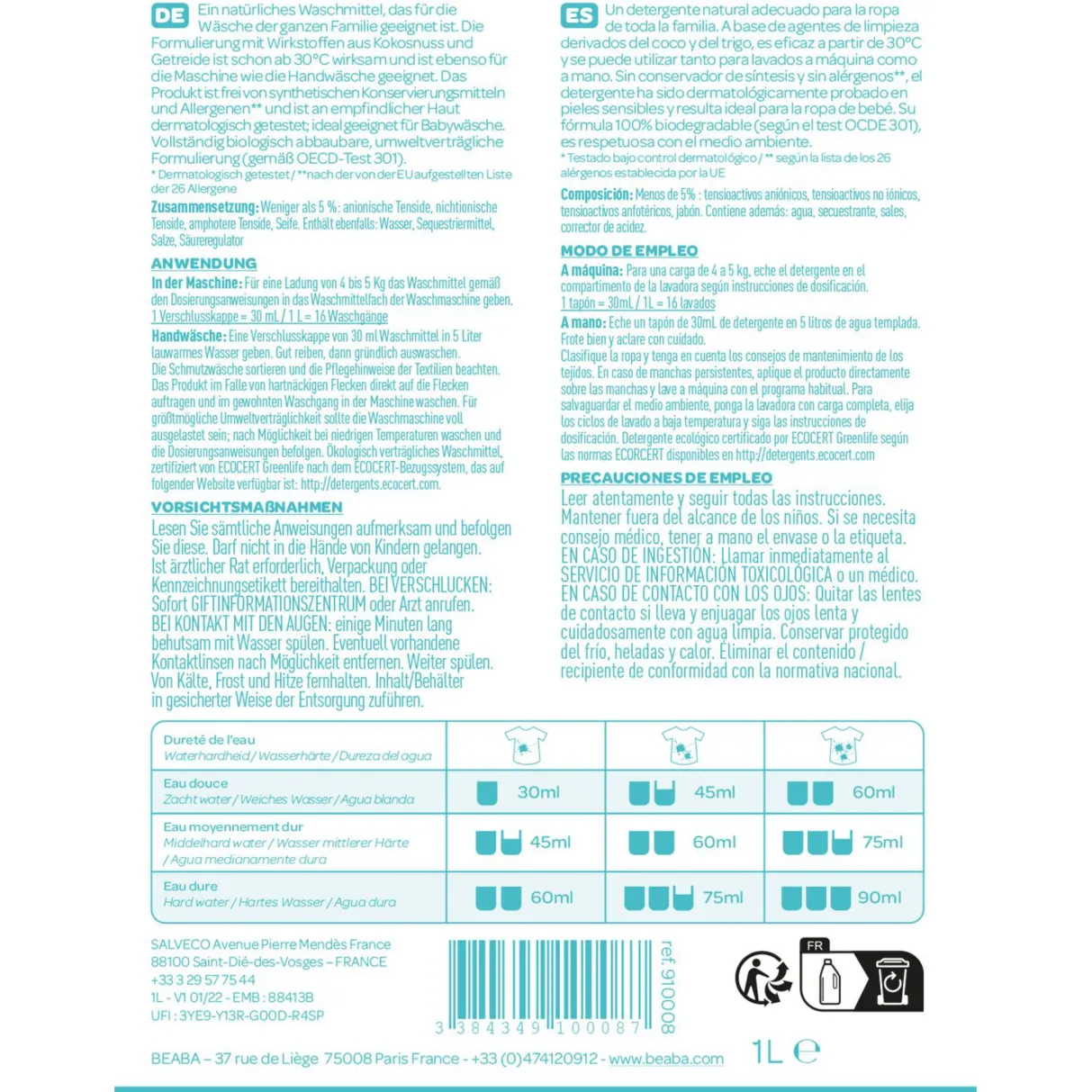 BÉABA Soins Et Toilette Bébé*Lessive Sans Parfum - 1L